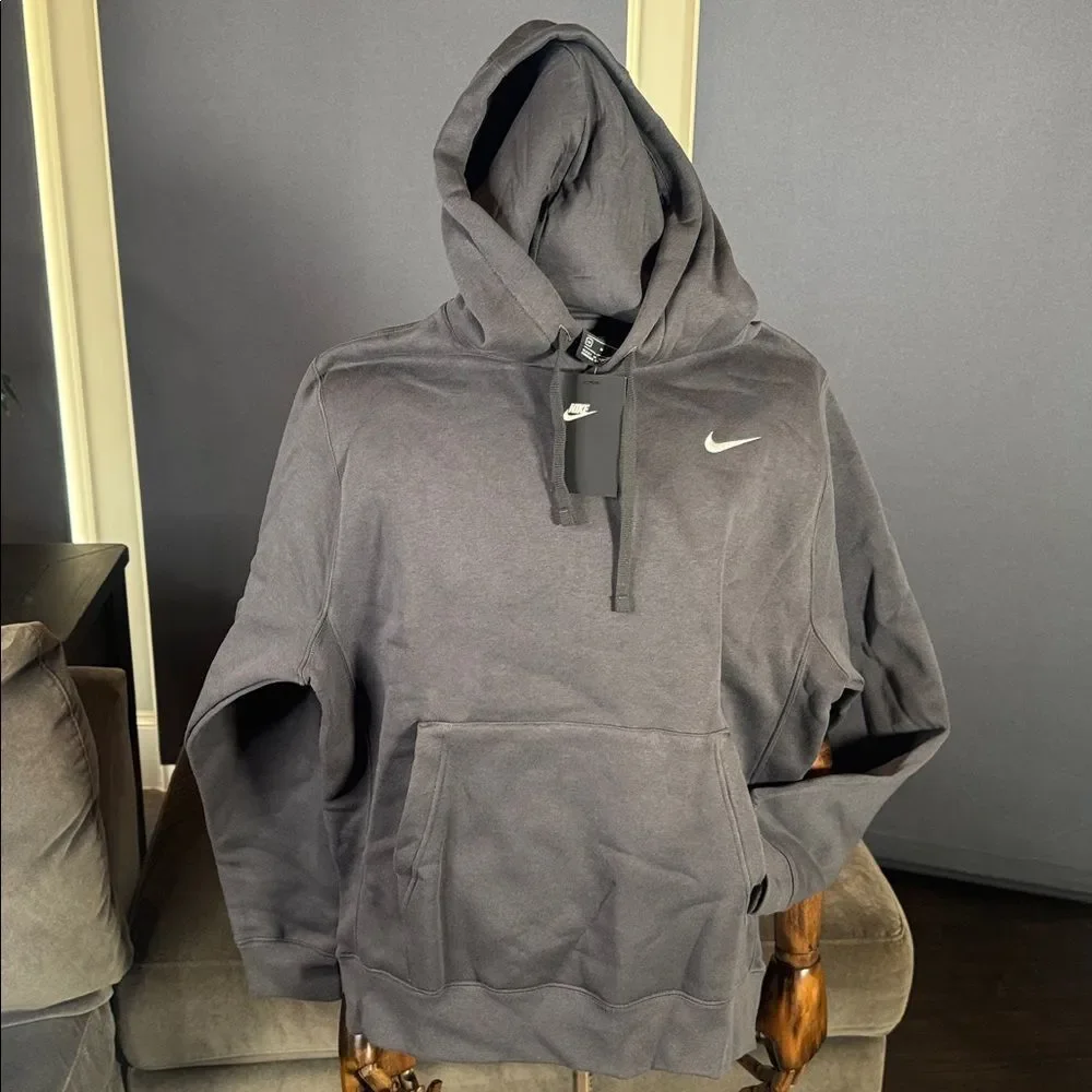 Nike Men’s Dark Gray Hoodie Fleece Lined Kangaroo Pocket Drawstring Hood Size M